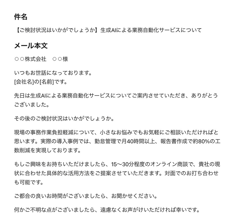 返信がない相手に対して生成AIで作成したフォローアップ営業メールの出力例。件名は“【再送】生成AIで現場業務を効率化するご提案|製造業向け”。本文には業務自動化による効果や丁寧な再提案が含まれている。